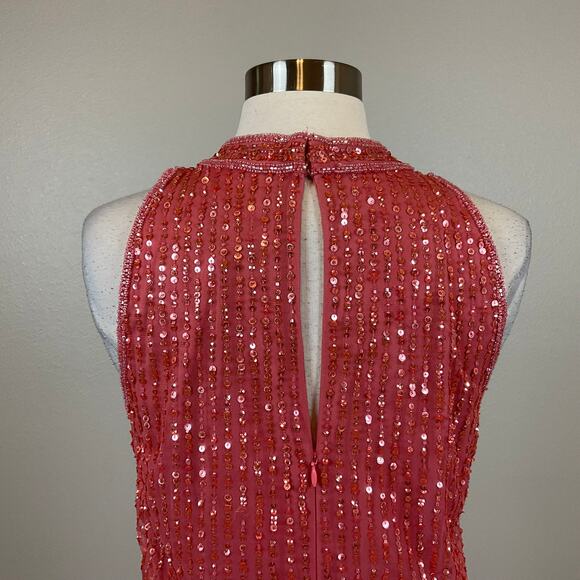 Adrianna Papell Sequined Mini Sheath Cocktail Dress Colorful Coral Pink Size 8 - Picture 7 of 12